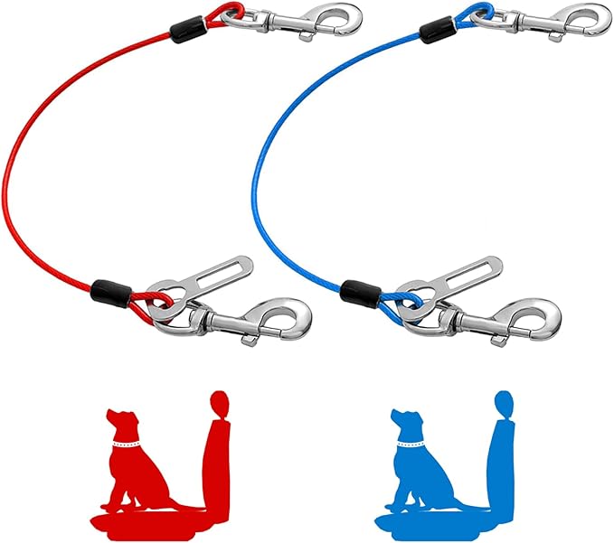 Dog Seat Belt Harness for Car,2pcs Dog Seatbelt of Coated Wire Leash Safety Restraint,No Chew Tether Cable Vehicle Dogs Accessories,Double Clips & Latch (2 Pack Red+Blue, 16 inch/40 CM)