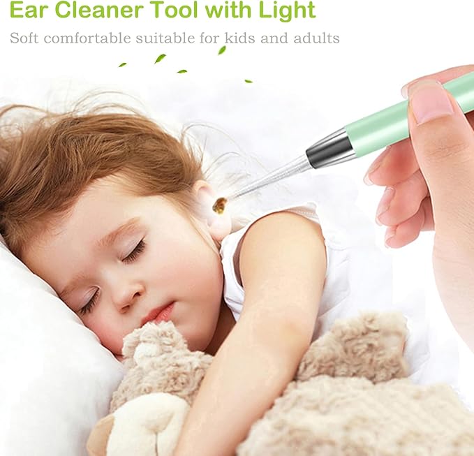 4 Pack Ear Wax Removal Tool Kit with Light, Ear Pick Ear Cleaning Tools Set for Kids and Adults, Ear Picks Digger & Tweezers & Spiral Spring Ear Spoon with Storage Box (Green)