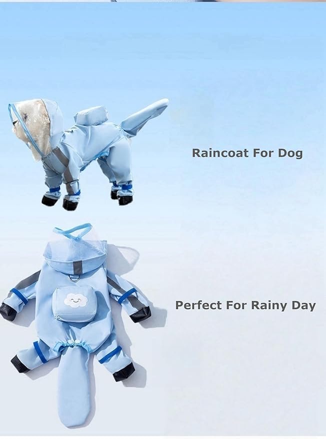 Waterproof Dog Raincoat,Full Coverage 4 Legs Dog Rain Jacket for Small Dogs,Pet Rain Coat with Hood,Reflective Strips&Leash Hole Outdoor Raincoat (Small（for Weight 3.3-5 lb）, Blue)