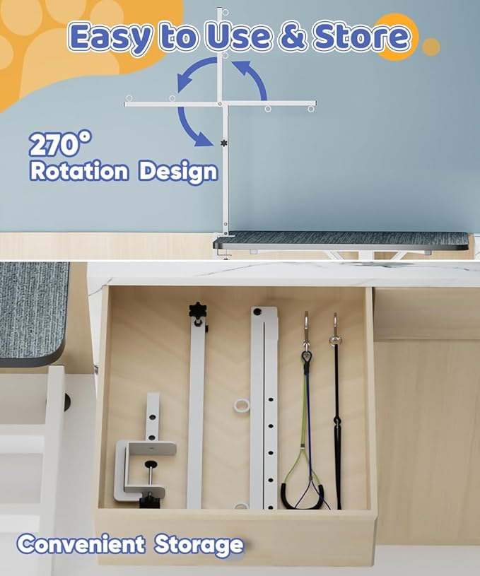 Dog Grooming Arm with Clamp for Small Dog, Adjustable Height to 33in, Pet Grooming Arm for Table with 1 Loop Noose & 2 No Sit Haunch Holder for Home & Store Nail Trimming (Table Not Include)
