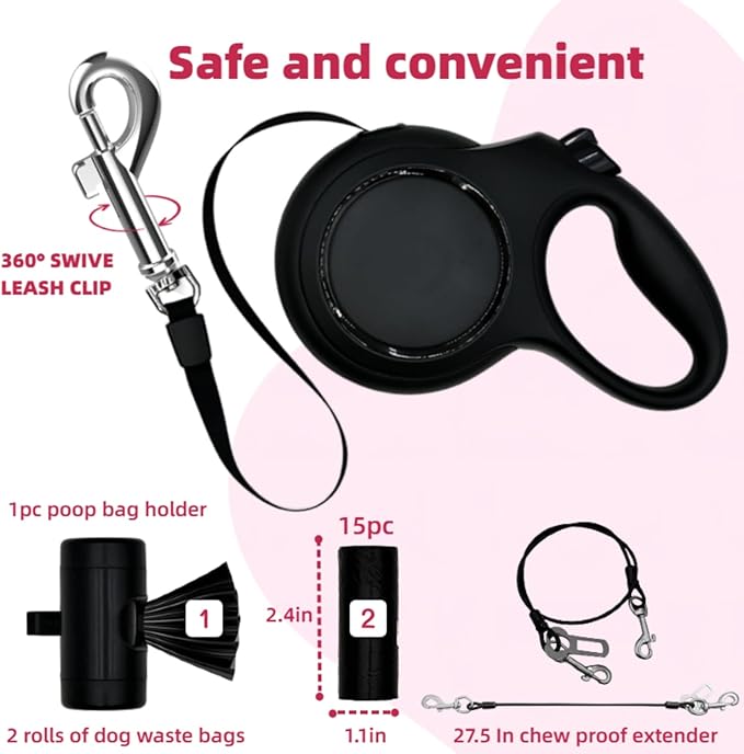 26ft Retractable Dog Leash for Large Dogs with Poop Bag Holder,Heavy Duty Retractable Dog Leash with Chew Proof Extender,One-Hand Lock System,Impact-Resistant,Up to 110 lbs (Black)