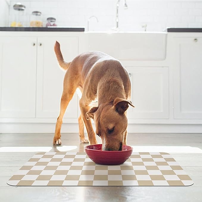 CooRug Checkered Dog Food Mat, Absorbent Leak-Proof Pet Feeding Mat, Quick Dry Cat Food Mat for Messy Drinkers 16" x 24" Khaki