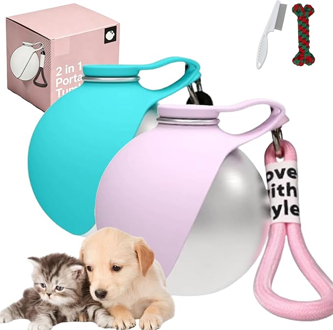2 in 1 Portable Tumbler for Dogs – 10oz Stainless Steel Pet Water Bottle with Silicone Foldable Bowl, Portable Dog Water Bottle for Walks, for Walking, Hiking & Travel, One-Hand Operation (Mix)