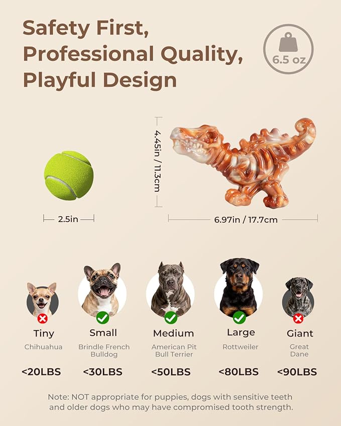 2 Pack Tough Nylon Dog Toys for Aggressive Chewers – Heavy Duty Dinosaur Chew Bones for Large Dogs (20–90 lbs), Bacon Flavor, Long-Lasting Power Chewer Toys to Keep Dogs Busy