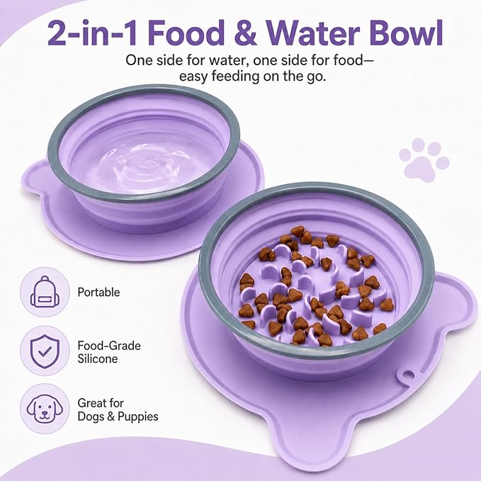 Collapsible Dog Bowls, 2-in-1 Silicone Pet Food and Water Bowl with Carabiner - Portable Double Compartment Travel Dish for Dogs, Ideal for Camping, Hiking, Car Rides, Puppy Essentials (Purple)