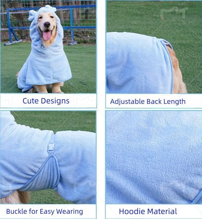 Pet Bathrobe for Dog Cat Absorbently Quick Drying Coat Cute Dogs Bath Towel Hooded Robe Adjustable Collar & Belly Strap for Pool Beach (Blue, X-Large)