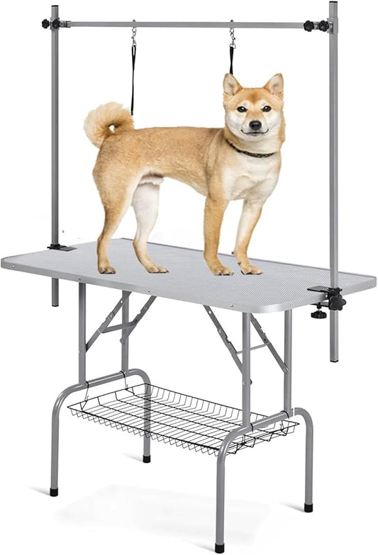 Professional Dog Pet Grooming Table Adjustable Heavy Duty Portable w/Arm & Noose & Mesh Tray (Grey, 46")