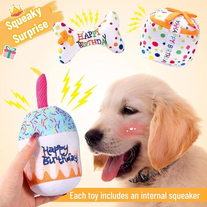 Dog Squeaky Toys Plush Chew Toys Enrichment Toys Interactive Burrow Activity Cute Dog Birthday Gifts Funny Toy Bundle Pack for Small Medium Large Dogs (Birthday Cake - 4 Pack)