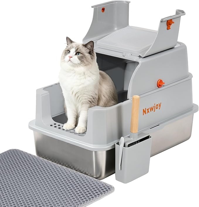 Stainless Steel Litter Box with Lid Cat Metal Litter Box Enclosure Covered Litter Box High Sided Extra Large Litter Boxes for Big Cats with Cat Litter Deodorizer Scoop Mat Grey