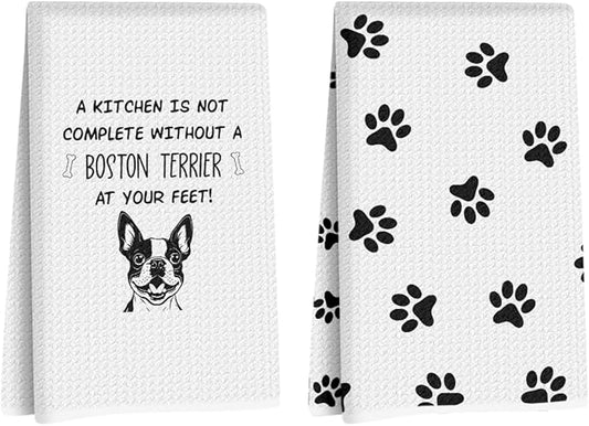 2Pcs Boston Terrier Dog Paw Kitchen Towels 24x14 Inch, Boston Terrier Gifts for Woman Mom, Reusable Waffle Weave Microfiber Absorbent Hand Tea Towels for Kitchen Bathroom Decor, Dog Lovers Gifts