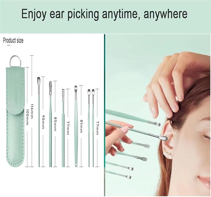 12 Pcs Ear Pick Earwax Removal Kit, Ear Cleaning Tool, Stainless Steel Earwax Removal Tool with Leather Storage Box (Black&Green)