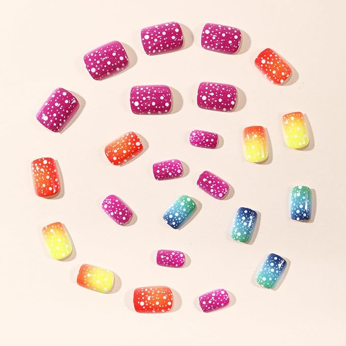 yefiuo Summer Press on Nails Short Square Ombre Fake Nails Press ons White Polka Dots Acrylic False Nails Glue on Nails Reusable Nail Tips Kit Full Cover Stick on Nail Supplies for Women Girls 24Pcs