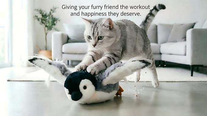 Automatic Flapping Penguin Cat Toy, Realistic Moving Wings Plush Bird Toy with Built‑in Motor & Battery, Interactive Stimulating Kicker Toy for Indoor Cats, USB Rechargeable Pet Entertainment Toy
