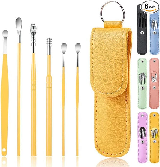 6 Pcs Ear Pick Earwax Removal Kit, Cleansing Tool Set, Curette Cleaner, 360degree Spiral Design Canal Cleaner Stainless Steel,with a Storage Box Portable Kit (Yellow), 11.7x2.8x2cm