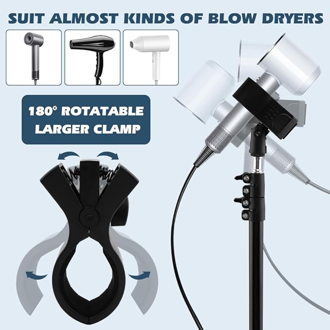 Hair Dryer Stand, Hands Free Hair Dryer Holder with 360-Degree Rotating Universal Clip, 22-63 Inch Height Adjustable Blowdryer Holder for Bathroom Vanity Makeup Room