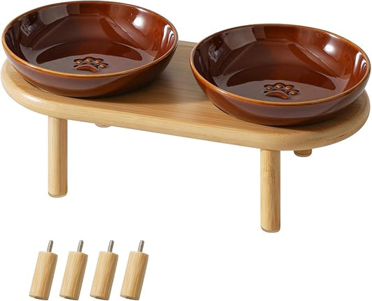 Havniva Elevated Cat Bowls Raised Ceramic Cat Bowl, 5.9” Wide Opening Cat Food Bowl Whisker Friendly Cat Dish Anti-Slip with Bamboo Stand, Shallow Pet Food & Water Bowl for Indoor Cats
