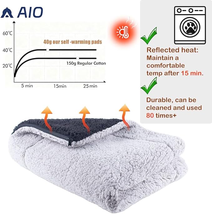 AIO Self-Warming Cat Bed Pad Advanced Extra Warm Thermal Pet Pad for Indoor Outdoor Pets with Removable Cover Outdoor Pet Houses Washable Non Electric Self Heating Cat Bed Grey 16.96 * 22.05in