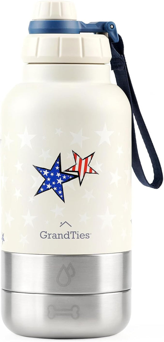 GrandTies Insulated Portable Dog Water Bottle with 2 Detachable Water Bowl Dispenser | Dog Food Travel Container, Accessories for Dogs Walking, Hiking, Camping (32oz (950mL), Patriot)