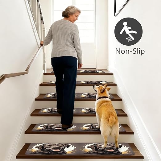 Animal Dog Gray Stair Treads for Wooden Steps Indoor Washable Staircase Carpet 1PCS 30"x7.8" Stair Step Treads Non-Slip Staircase Covers Peel and Stick Safety Mat for Kids Elders Pets