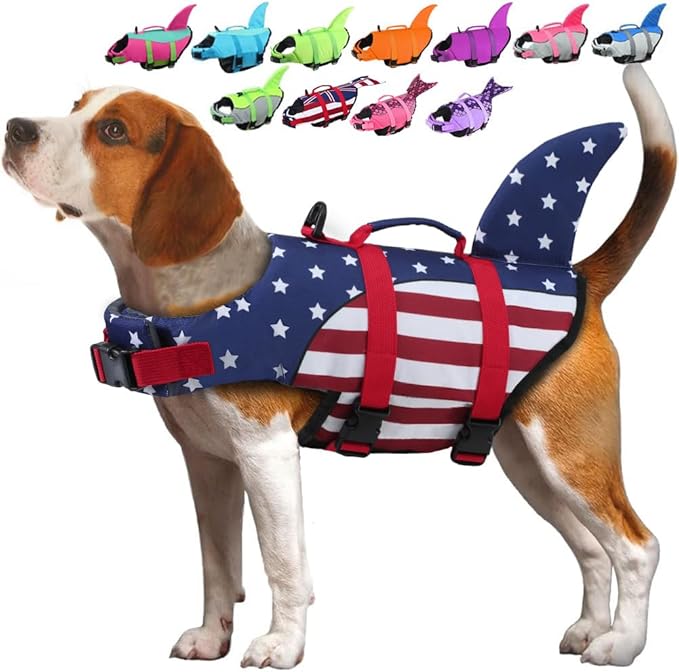 EMUST Dog Life Vests, Pet Floats for Swimming, Boat, Pool, Ripstop Dog Life Jacket with High Buoyancy and Lift Handle for Small and Medium Breeds, (M,FlagShark)