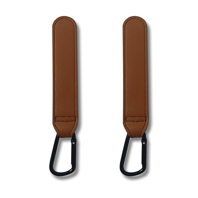 Stroller Hooks, 2 Pack Stroller Clips with Self-Locking Buckle, Hook and Loop Strap for Baby Stroller, Shopping Cart (Brown)