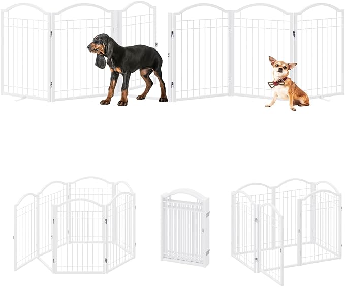 BHG Metal No-Assembly Freestanding Dog Gate with Door Walk Through, Extra Wide 120", Extra Tall 30" Pet Gate, Accordion Puppy Folding Playpen Dog Fence for Indoor & Outdoor, with 2PCS Support - White