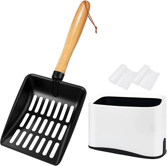 Cat Litter Scoop, Metal Litter Scoop, Heavy Duty Metal Cat Scooper for Litter Box, Black Sifter Scoop for Pellets, Wooden Handle Scoop with Hole, Kitty Necessity (Cat Litter Scoop Short with Holder)