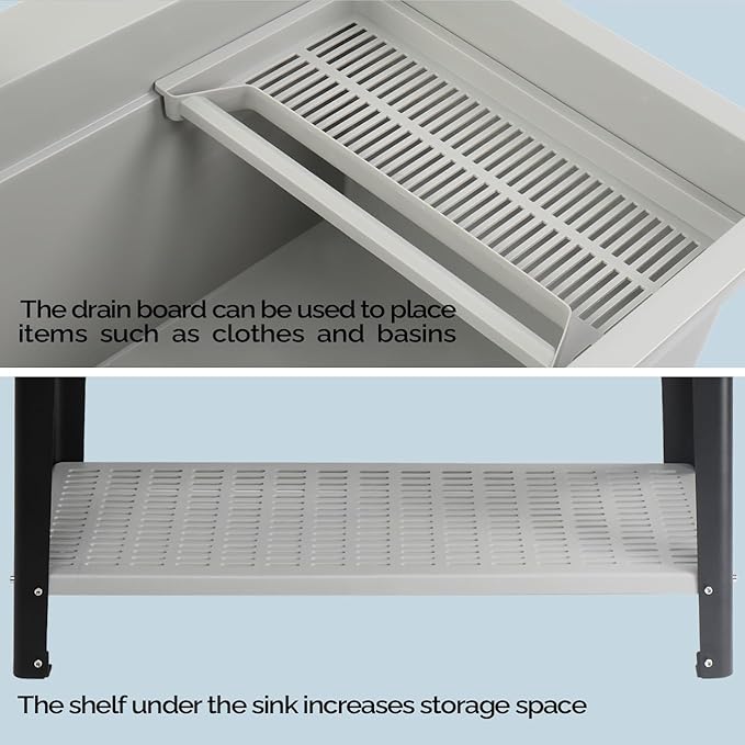 Bonnlo 37-Gallon Freestanding Utility Sink with Faucet, 36" Heightened Basin for Laundry, Garage, Outdoor Garden, Pet Wash, Heavy Duty Plastic Laundry Tub with Storage Shelf, 40"L×24"W×36"H (Gray)