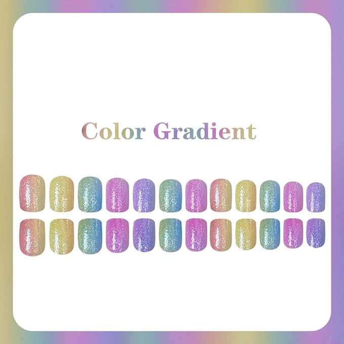 yefiuo Summer Press on Nails Short Square Ombre Fake Nails Press ons Rainbow Colors Acrylic False Nails Glue on Nails Reusable Nail Tips Kit Full Cover Stick on Nail Supplies for Women Girls 24Pcs