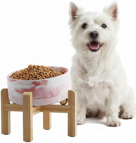 hjn Elevated Ceramic Dog Bowl 15°Slanted Raised Dog Bowl with Bamboo Stand for Small Medium Dogs and Cats, Pet Feeder -3.6-Cup (850ml)-Marble Pink