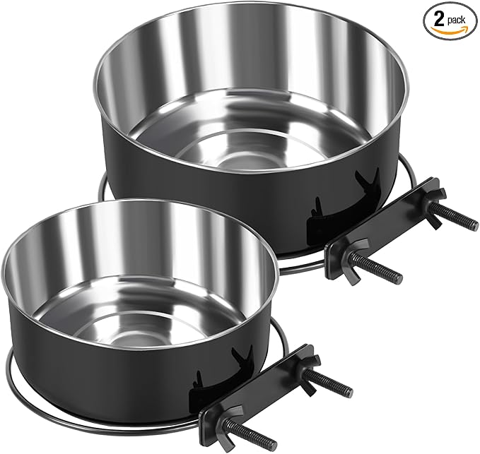 2 Pcs Black Large Pet Dog Food Water Bowl for Cage Stainless Steel Non-Spill Kennel Hanging Cats Bowls with Clamp Holder Crate Feeder Dish for Medium Large Dogs Huge Pets (7.1x2.5'' & 6.3x2.4'')