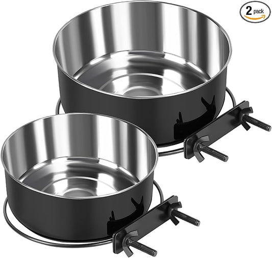 2 Pcs Black Large Pet Dog Food Water Bowl for Cage Stainless Steel Non-Spill Kennel Hanging Cats Bowls with Clamp Holder Crate Feeder Dish for Medium Large Dogs Huge Pets (7.1x2.5'' & 6.3x2.4'')