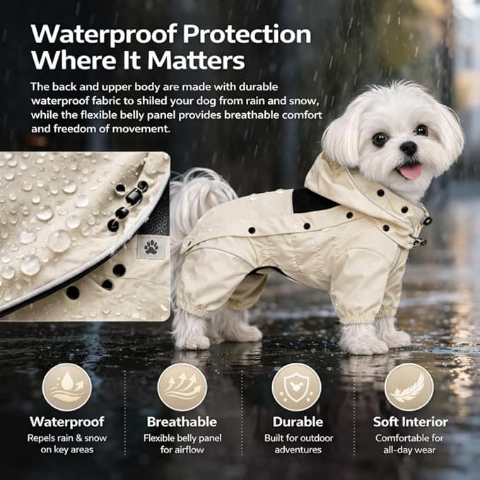 LOVELONGLONG Waterproof Dog Raincoat with Removable Hood – Outdoor Full Body Dog Jacket, Windproof Snowproof Shell Suit – All Season Pet Rain Gear Ivory 4XL
