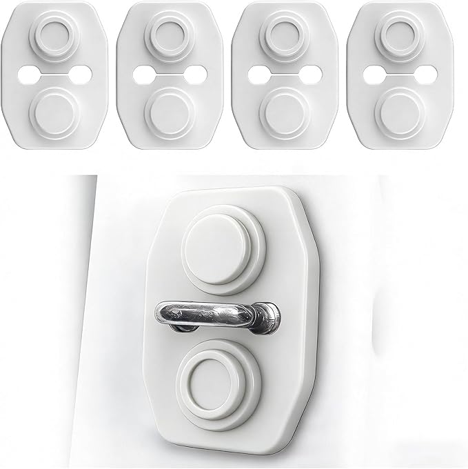 4PCS Universal Silicone Car Door Latch Covers,New Silicone Door Latch Protective Cover with 3 Layers of Shock Absorption for Protection & Noise Reduction,Soft Car Doors Strike Protector (White)
