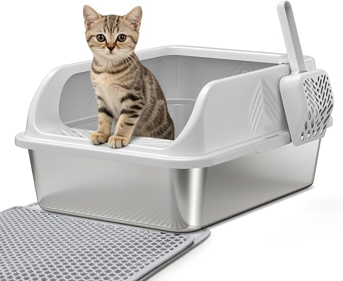 Stainless Steel Litter Box, Enclosed Metal Cat Litter Box with High Sides Lid for Small Cats,High Sided, Anti-Urine Leakage, Non-Stick Bottom & Includes Litter Mat & Cat Litter Scoop