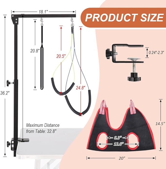 Dog Grooming Arm with Clamp and Grooming Hammock, 36" Height Foldable Dog Grooming Table Arm with No-Sit Holder and Loop Noose, Dog Grooming Stand for Small Medium Dogs at Home or Salon