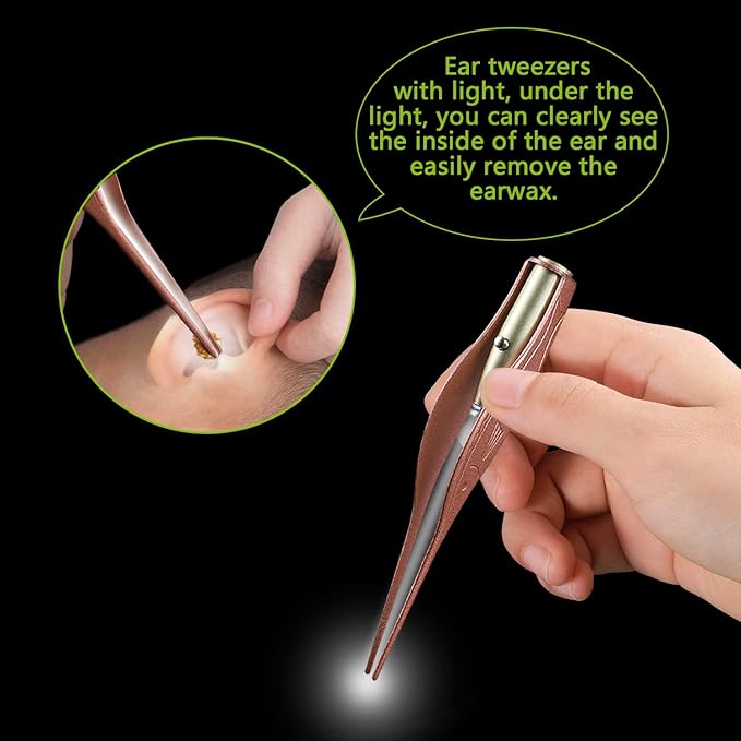4 Pack Ear Pick with Light, Ear Cleaner Ear Wax Removal Tool Kit for Kids and Adults, Ear Picks Digger & Tweezers & Spiral Spring Ear Spoon Set with Storage Box (Rose Gold)