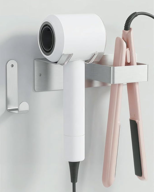Hair Dryer and Straightener Holder, Upgraded Hair Straightener Holder with Cable Hook, Stainless Steel Universal Hair Dryer Wall Mount Waterproof for Bathroom Space-Saving Silver