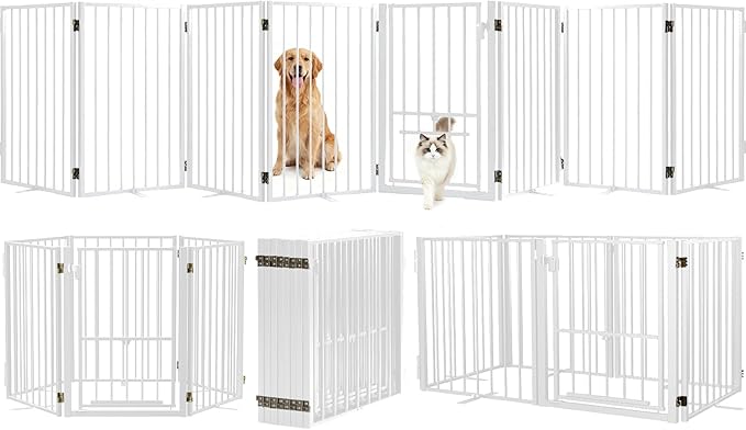Metal Freestanding Dog Gate with Cat Door for Outdoor & Indoor,34" Tall Foldable Pet Fence,160" Extra Wide Dog Gate for RV Camping,Stairs,Hallways,Doorways,Deck,Yard,with 7PCS Support(8 Panels,White)