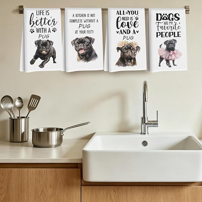 4Pcs Cute Black Pug Kitchen Towels 24x14 Inch, Black Pug Gifts for Woman Mom, Reusable Waffle Weave Microfiber Absorbent Hand Tea Dish Towels for Kitchen Bathroom Home Decor, Dog Lovers Gifts