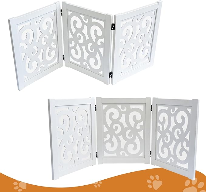 Ashfield & Harkness: 3-Panel Pet Gate - Scroll White - Wooden Foldable Freestanding Fence, Small Dogs & Puppy, 48 x 19.3, Indoor-Doorway-Halls-Stairs