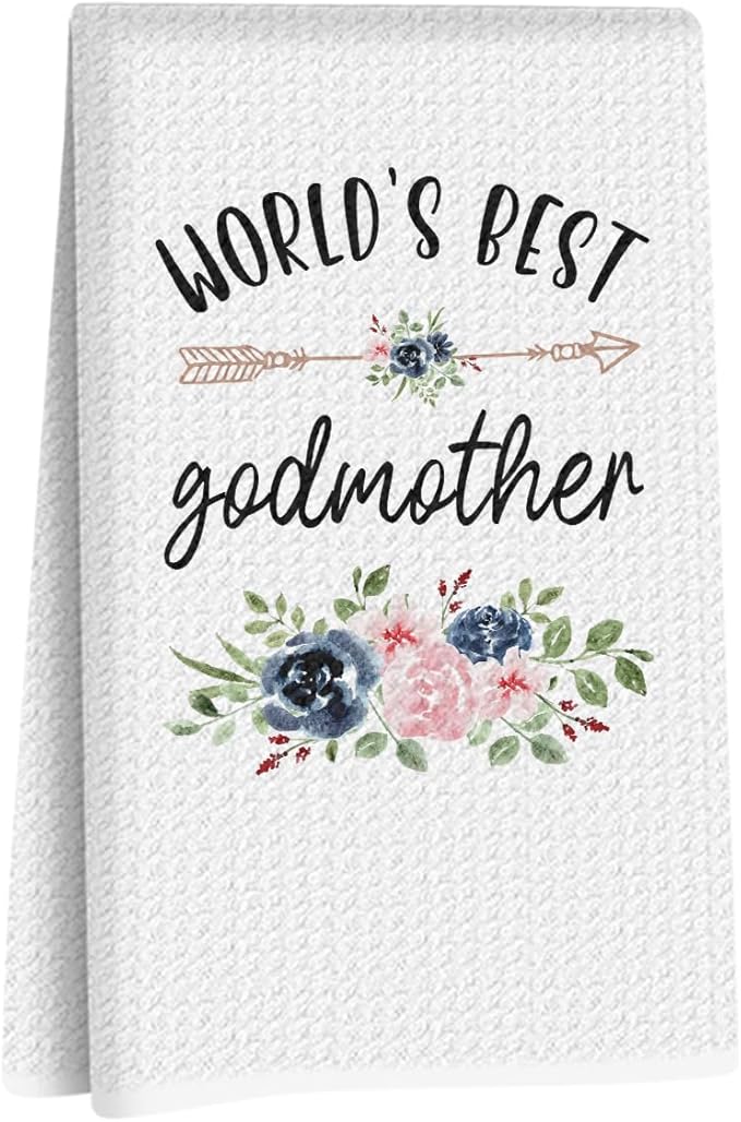World’s Best Godmother Gifts Kitchen Towels 24x14 Inch, Floral Waffle Absorbent Tea Dish Hand Towels, Reusable Dish Towel for Kitchen Bathroom Decor, Birthday Christmas Thanksgiving for Godmother