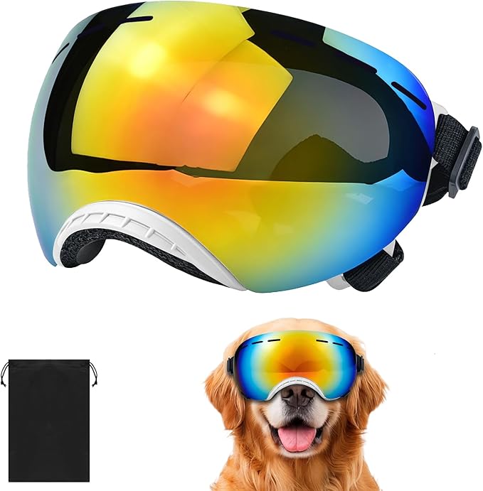 Dog Goggles for Medium to Large Breeds, Stylish Pet Sunglasses with Rainbow PC Lens, Soft TPU Frame & Adjustable Straps, Windproof Dustproof UV Protection Eyewear for Outdoor Riding Hiking (White)