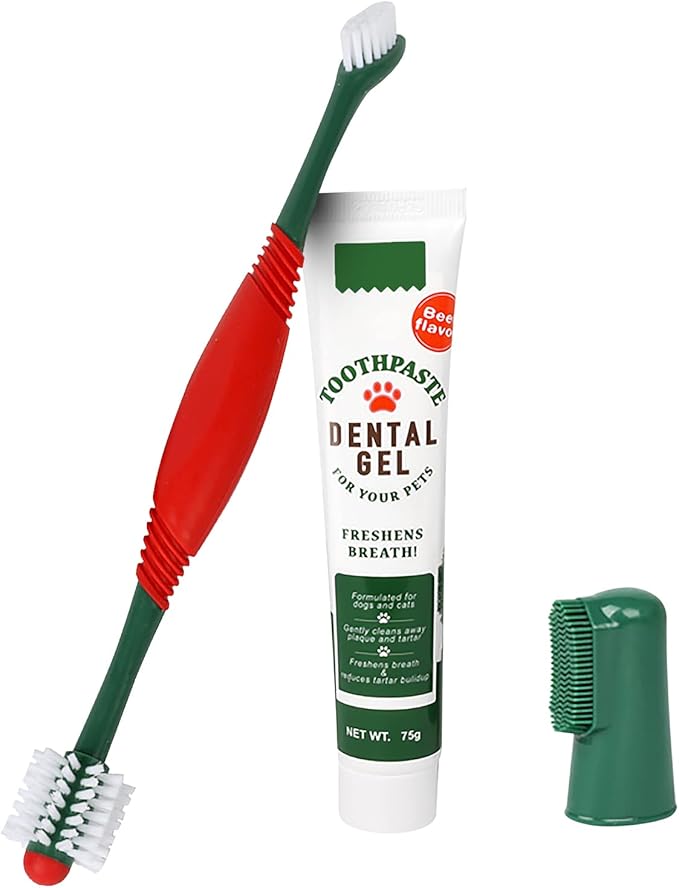 Pet Toothbrush Toothpaste Kit Dog Teeth Cleaning Cat Teeth Cleaning Dental Care Kit Pet Finger Toothbrush, Reduce Plaque & Tartar Buildup, Beef Flavor