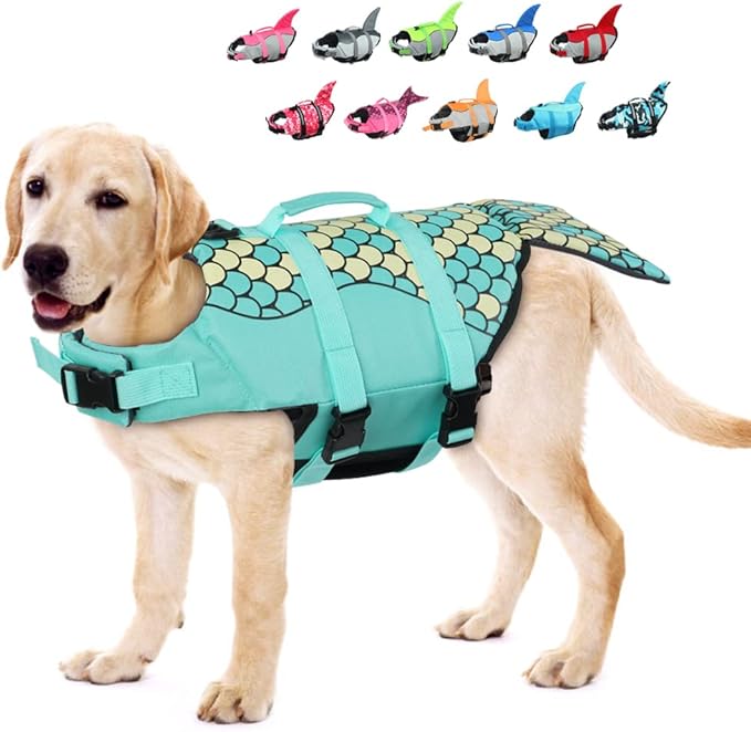 EMUST Dog Life Jacket Mermaid, Ripstop Dog Life Vests with Rescue Handle for Small Medium and Large Dogs, Pet Safety Swimsuit Preserver for Swimming Pool Beach Boating, (XS, Green)