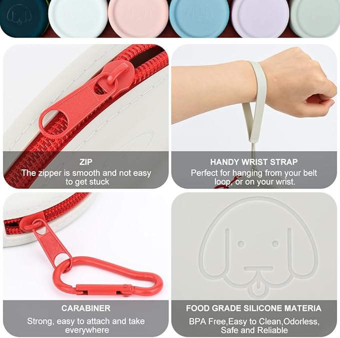 WALLFID Silicone Dog Treat Pouch Small Bag,with Pet Training Clicker,Walking Bag for Dog and Cat, Pocket Size, Easy to Clean, Odorless, Zipper Design,Moisture-Proof,Travel Walking Bag.(Light Grey)