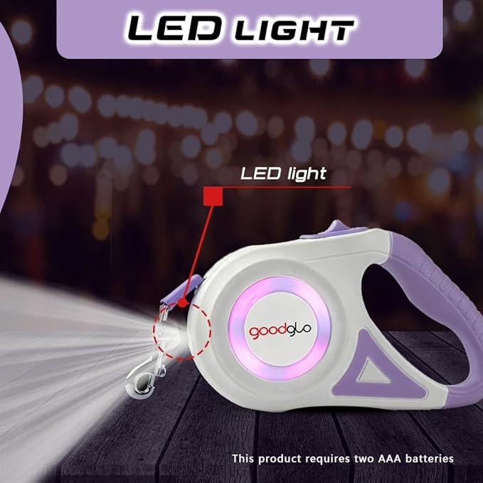 16ft Retractable Dog Leash with LED Light, Nylon Tape Lead for Medium Dogs Up to 60lbs, One-Hand Brake (Purple)