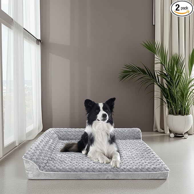 Orthopedic Dog Bed with Pillows,Large Memory Foam Dog Bed Sofa for Medium Large Dogs,Waterproof Washable Cover, Non-Slip Bottom,42x30x7.5Inch Supportive Pet Bed Couch,Light Grey