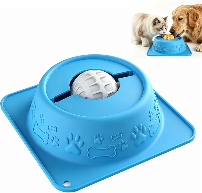 Slow Feeder Lick Bowl for Dogs and Cats, Anti-Slip Pet Water Bowl with Smooth Rolling Ball, No Spill Bowl for Water, Bone Broth, Yogurt & Pumpkin Puree, for Large Medium Small Pets, Light Blue