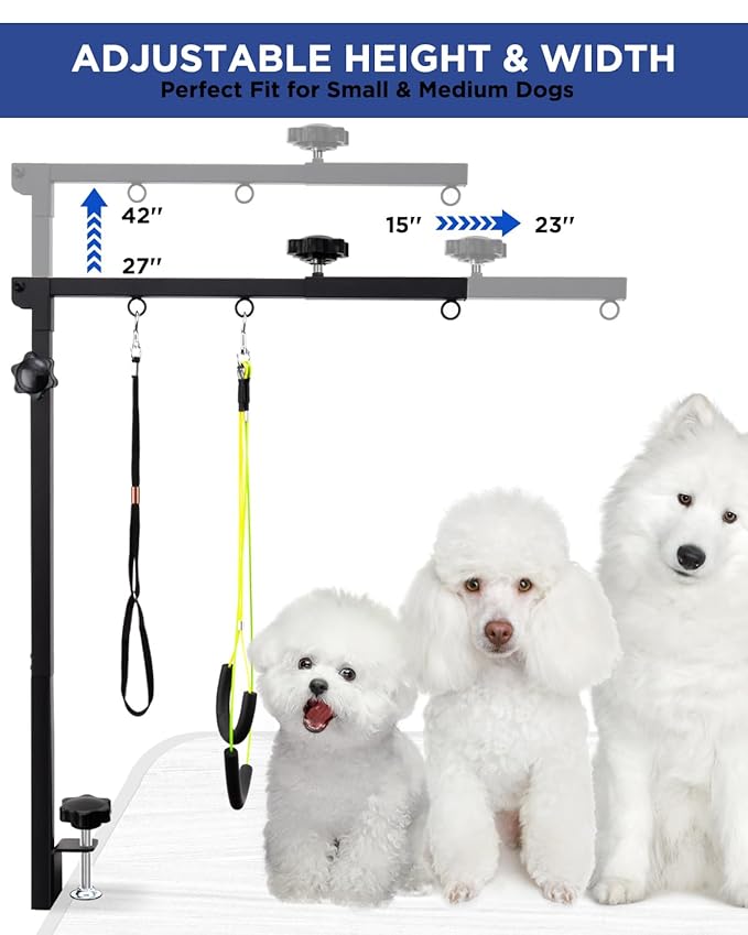 Extendable Dog Grooming Arm with Hammock, Adjustable Height 27"-42", Adjustable Widht 20"-23", Dog Grooming Table Arm with Clamp and No-Sit Holder, Heavy Duty for Small & Medium Dogs